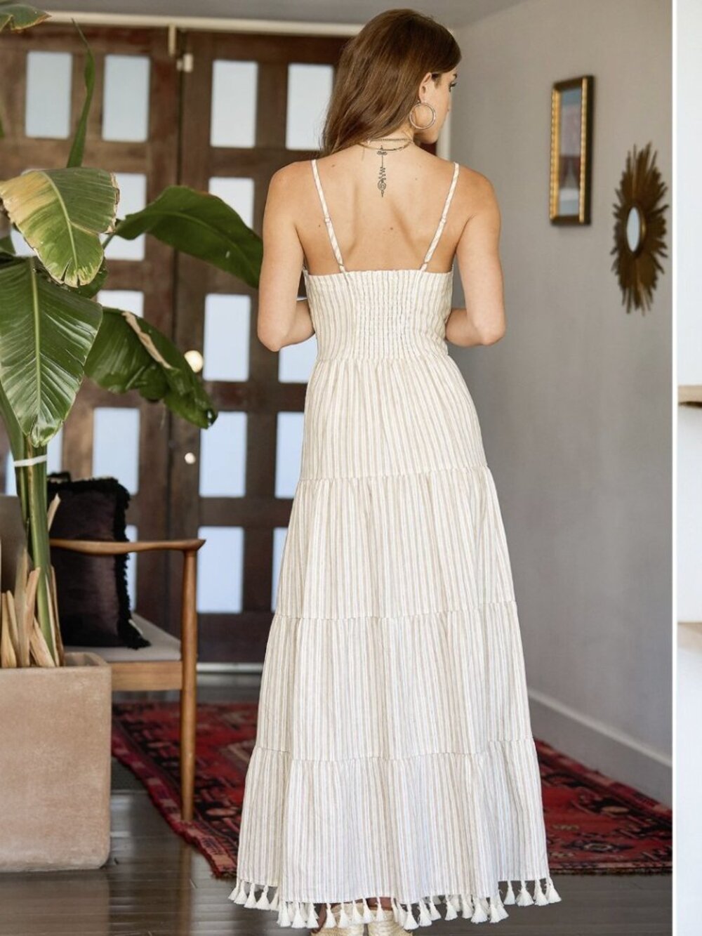 Lulus Beauty at the Beach Tan Striped Tiered Tassel Maxi Dress NWT - Picture 4 of 11